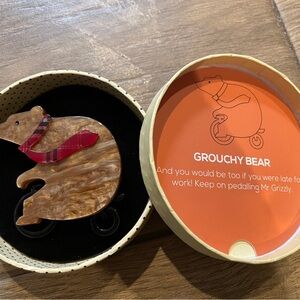 Erstwilder Grouchy Bear Brooch with Red Plaid Scarf